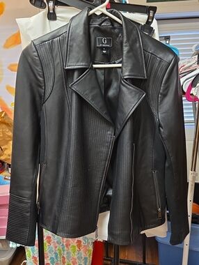 G by Giuliana Black Leather Paneled Moto Jacket